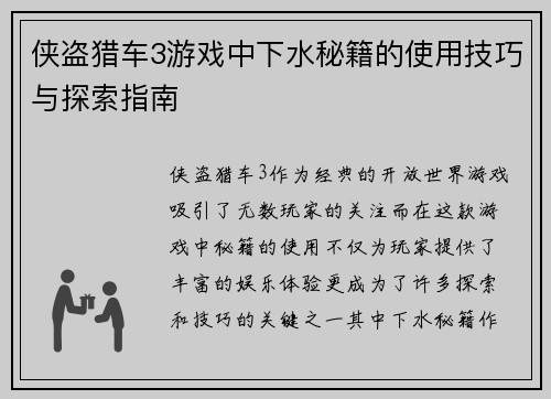 侠盗猎车3游戏中下水秘籍的使用技巧与探索指南