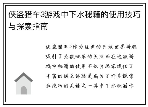 侠盗猎车3游戏中下水秘籍的使用技巧与探索指南
